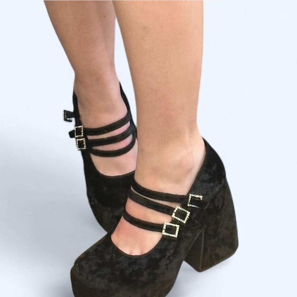 Dolls Kill Black Velvet Double Strap Heels